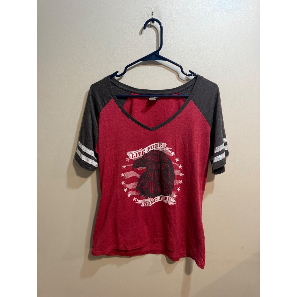Harley Davidson‎ Womens Red Gray Raglan Eagle V-Neck Graphic T-Shirt Large TN